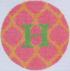 Kate Dickerson Needlepoint Collections Bright Disk Letter in Watermelon & Tangerine Quatrefoil Needlepoint Canvas