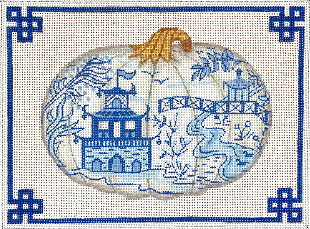 Kate Dickerson Needlepoint Collections Chinoiserie Porcelain Pumpkin with Chinese Border & White Background in Blues & Gold Needlepoint Canvas