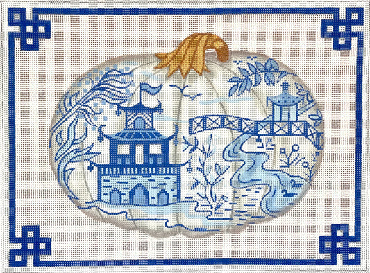 Kate Dickerson Needlepoint Collections Chinoiserie Porcelain Pumpkin with Chinese Border & White Background in Blues & Gold Needlepoint Canvas