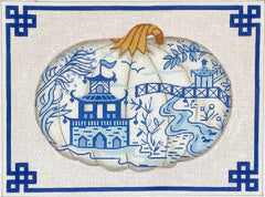 Kate Dickerson Needlepoint Collections Chinoiserie Porcelain Pumpkin with Chinese Border & White Background in Blues & Gold Needlepoint Canvas