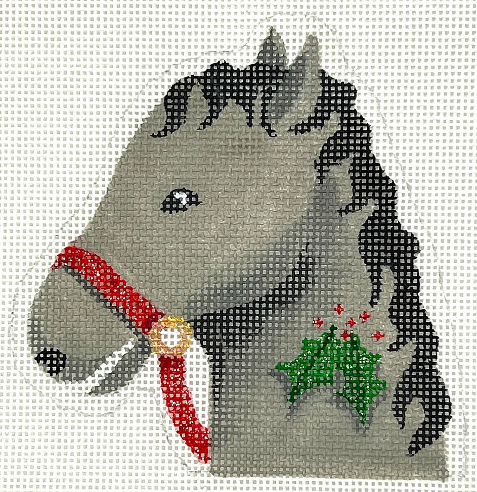 Kate Dickerson Needlepoint Collections Christmas Ornament Horse with Holly Candy Cane Holder Gray & Black Needlepoint Canvas