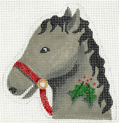 Kate Dickerson Needlepoint Collections Christmas Ornament Horse with Holly Candy Cane Holder Gray & Black Needlepoint Canvas