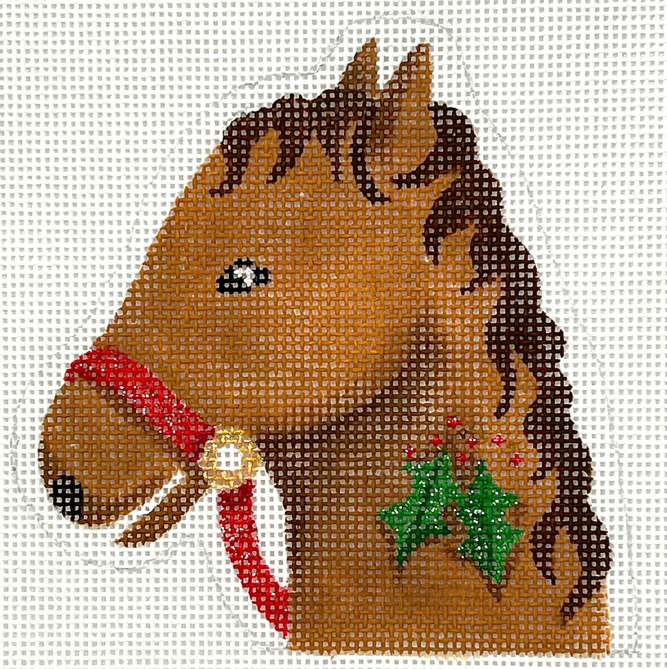 Kate Dickerson Needlepoint Collections Christmas Ornament Horse with Holly Candy Cane Holder Tan & Brown Needlepoint Canvas