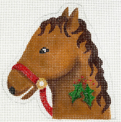 Kate Dickerson Needlepoint Collections Christmas Ornament Horse with Holly Candy Cane Holder Tan & Brown Needlepoint Canvas