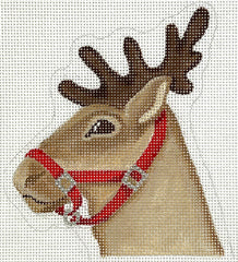 Kate Dickerson Needlepoint Collections Christmas Ornament Reindeer with Holly Candy Cane Holder Tans & Brown Needlepoint Canvas