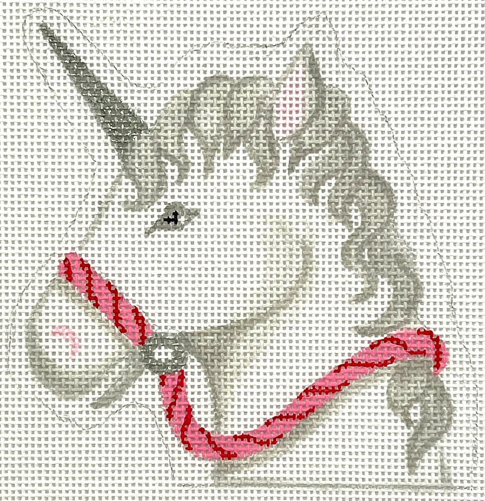 Kate Dickerson Needlepoint Collections Christmas Ornament Unicorn Candy Cane Holder White Pinks & Red Needlepoint Canvas