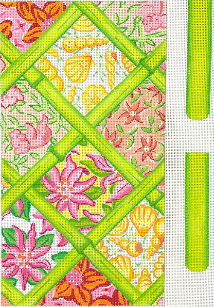 Kate Dickerson Needlepoint Collections Envelope Patchwork with Bamboo Clutch in Pinks Orange and Yellows Needlepoint Canvas
