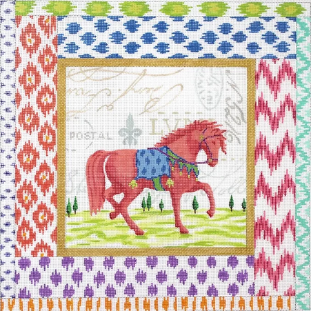 Kate Dickerson Needlepoint Collections Exotic Collage Coral Red Horse with Mixed Ikat Border Needlepoint Canvas