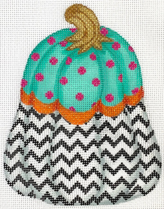 Kate Dickerson Needlepoint Collections Funky Punkin Stand-Up #10 in Turquoise Top with Fuchsia Polka Dots Black White Zig Zag Bottom Needlepoint Canvas