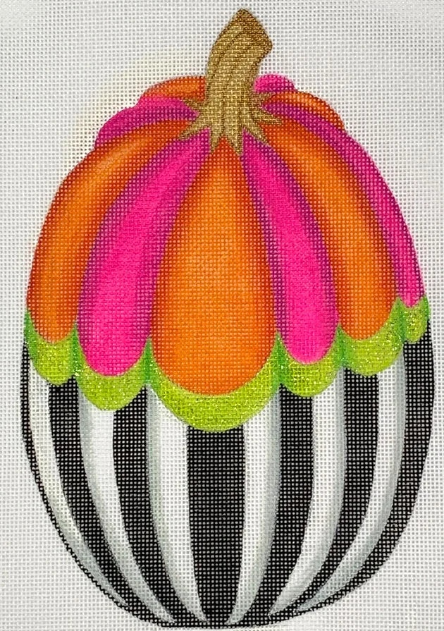 Kate Dickerson Needlepoint Collections Funky Punkin Stand-Up #4 in Fuchsia & Orange Striped Top Lime Middle Black & White Striped Bottom Needlepoint Canvas