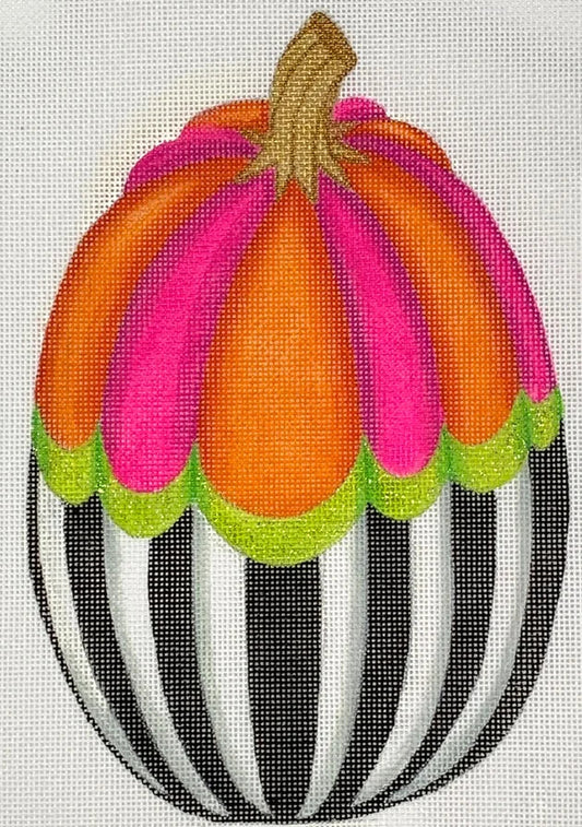 Kate Dickerson Needlepoint Collections Funky Punkin Stand-Up #4 in Fuchsia & Orange Striped Top Lime Middle Black & White Striped Bottom Needlepoint Canvas