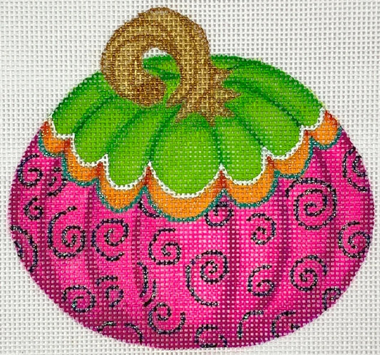 Kate Dickerson Needlepoint Collections Funky Punkin Stand-Up #6 with Green Top Orange Stripe Fuchsia Bottom with Black Swirls Needlepoint Canvas
