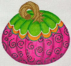 Kate Dickerson Needlepoint Collections Funky Punkin Stand-Up #6 with Green Top Orange Stripe Fuchsia Bottom with Black Swirls Needlepoint Canvas