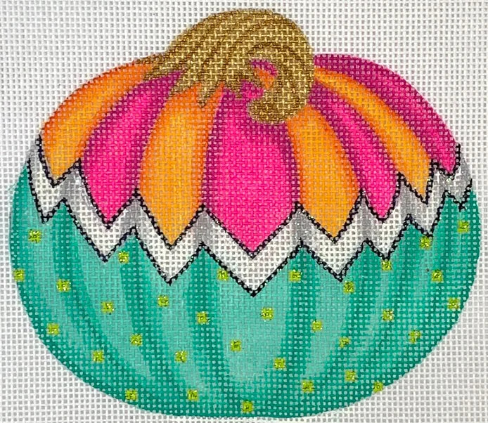Kate Dickerson Needlepoint Collections Funky Punkin Stand-Up #8 in Orange & Fuchsia Striped Top Black & White Zig Zag Turquoise Bottom Needlepoint Canvas