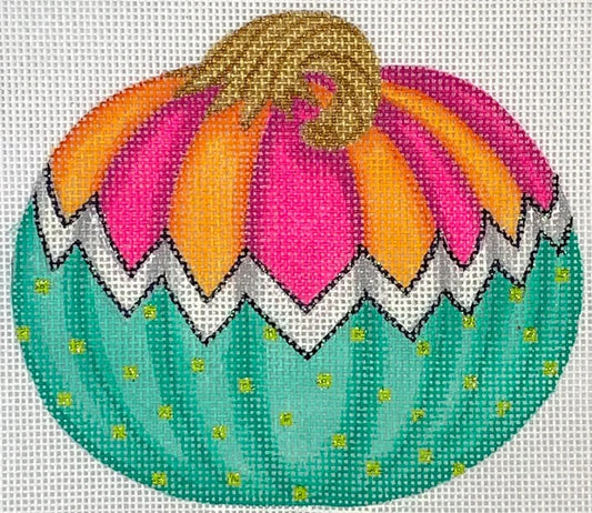 Kate Dickerson Needlepoint Collections Funky Punkin Stand-Up #8 in Orange & Fuchsia Striped Top Black & White Zig Zag Turquoise Bottom Needlepoint Canvas