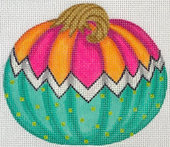 Kate Dickerson Needlepoint Collections Funky Punkin Stand-Up #8 in Orange & Fuchsia Striped Top Black & White Zig Zag Turquoise Bottom Needlepoint Canvas