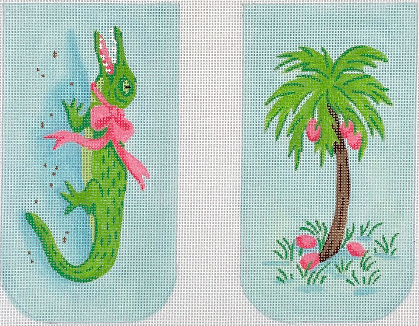 Kate Dickerson Needlepoint Collections Gator & Palm Tree Eyeglass Case on Blue Background Needlepoint Canvas