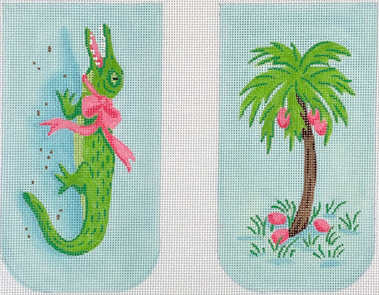Kate Dickerson Needlepoint Collections Gator & Palm Tree Eyeglass Case on Blue Background Needlepoint Canvas