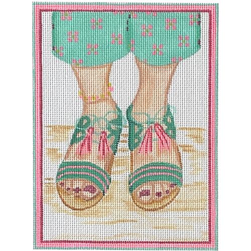 Kate Dickerson Needlepoint Collections Here’s Looking At Shoe Tassel-Tie Sandals Turquoise Jade & Hot Pink Needlepoint Canvas