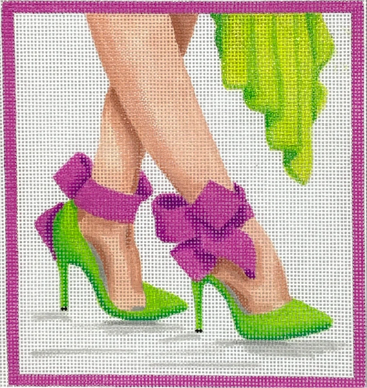 Kate Dickerson Needlepoint Collections Here’s Looking At Shoe High Heels with Ankle Strap Bows Lime & Orchid Needlepoint Canvas