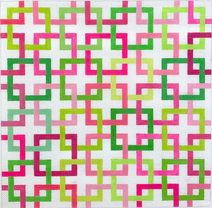 Kate Dickerson Needlepoint Collections Interlocking  Squares Pinks & Greens on White Needlepoint Canvas