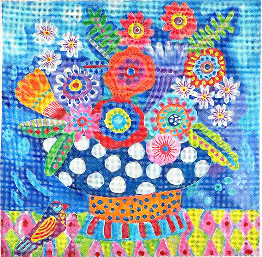 Kate Dickerson Needlepoint Collections Julia Eves Bright Flowers in In Blue Vase Needlepoint Canvas
