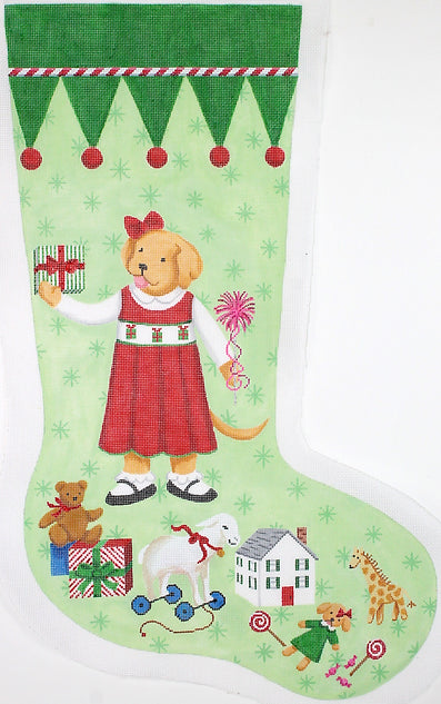 Kate Dickerson Needlepoint Collections Kelly Rightsell Stocking Yellow Dog in Red Dress Needlepoint Canvas