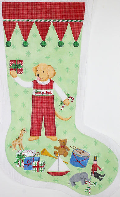 Kate Dickerson Needlepoint Collections Kelly Rightsell Yellow Dog in Red Overalls Stocking Needlepoint Canvas