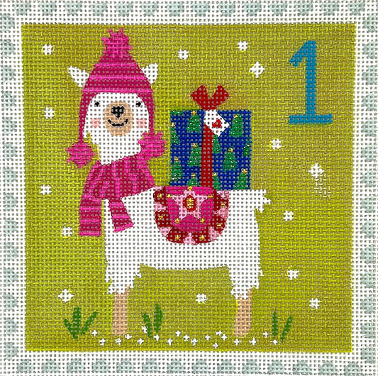Kate Dickerson Needlepoint Collections Klara Hawkins Advent Stamp #1 Llama with Gift Needlepoint Canvas
