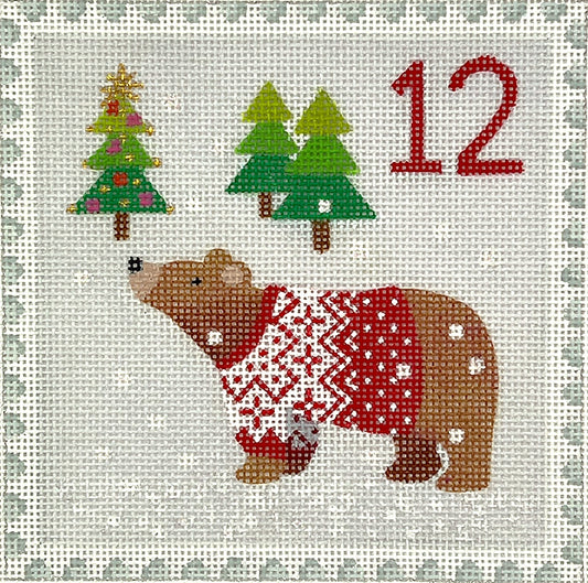 Kate Dickerson Needlepoint Collections Klara Hawkins Advent Stamp #12 Bear in Sweater Needlepoint Canvas