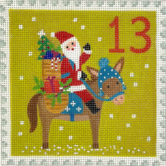 Kate Dickerson Needlepoint Collections Klara Hawkins Advent Stamp #13 Santa on Donkey Needlepoint Canvas