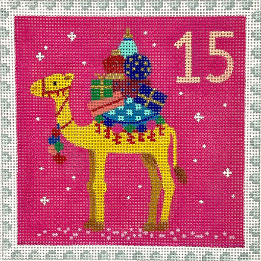 Kate Dickerson Needlepoint Collections Klara Hawkins Advent Stamp #15 Camel with Gifts Needlepoint Canvas