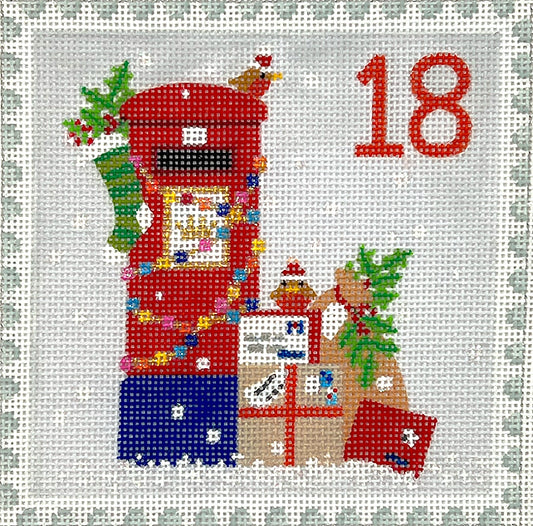 Kate Dickerson Needlepoint Collections Klara Hawkins Advent Stamp #18 English Letter Box Needlepoint Canvas
