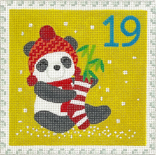 Kate Dickerson Needlepoint Collections Klara Hawkins Advent Stamp #19 Panda with Stocking Needlepoint Canvas