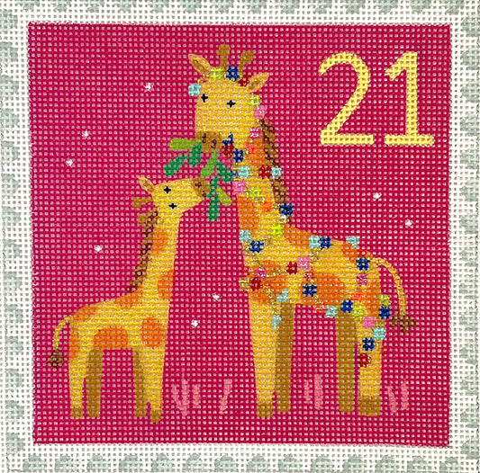 Kate Dickerson Needlepoint Collections Klara Hawkins Advent Stamp #21 Giraffes Needlepoint Canvas