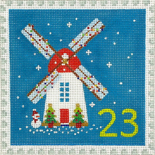 Kate Dickerson Needlepoint Collections Klara Hawkins Advent Stamp #23 Windmill with Snowman Needlepoint Canvas