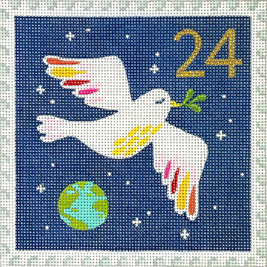 Kate Dickerson Needlepoint Collections Klara Hawkins Advent Stamp #24 Peace on Earth Dove Needlepoint Canvas