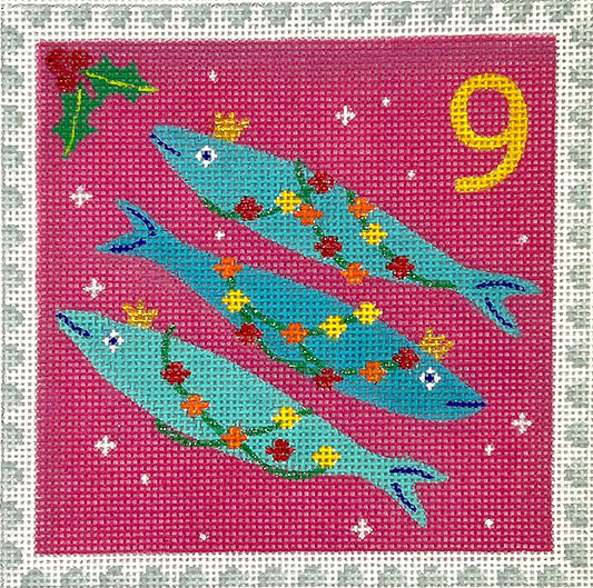 Kate Dickerson Needlepoint Collections Klara Hawkins Advent Stamp #9 Three Fish Needlepoint Canvas