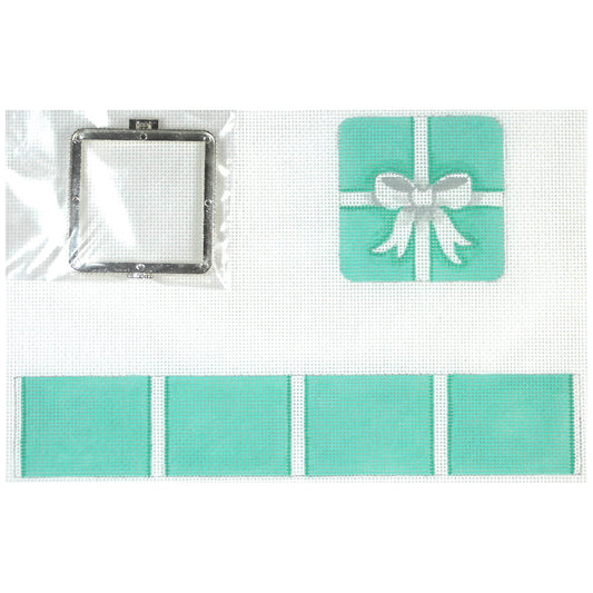 Kate Dickerson Needlepoint Collections Limoges Box Small Square Teal Box with White Bow Silver Clasp Needlepoint Canvas