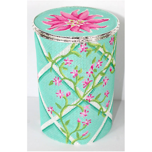 Kate Dickerson Needlepoint Collections Limoges Box XL Round Garden Trellis & Dahlia in Pinks Greens & Carribean Silver Clasp Needlepoint Canvas