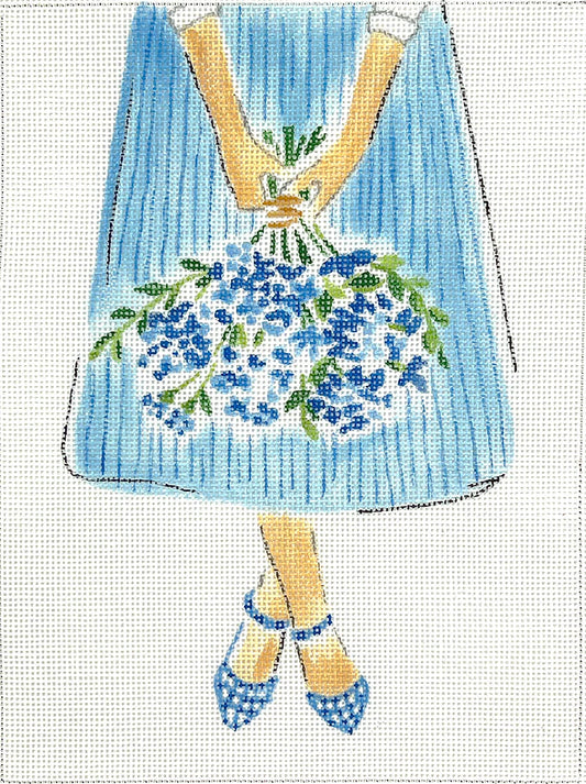Kate Dickerson Needlepoint Collections Lindsay Brackeen Blue Flowers on Striped Skirt Needlepoint Canvas