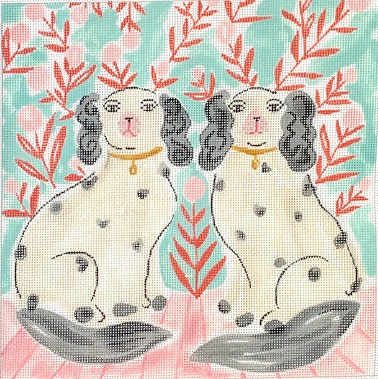 Kate Dickerson Needlepoint Collections Lindsay Brackeen Staffordshire Dogs with Floral Wallpaper Needlepoint Canvas