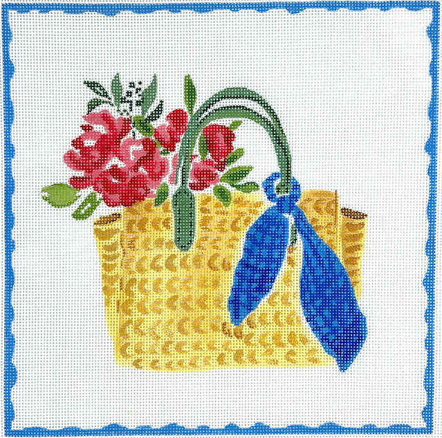 Kate Dickerson Needlepoint Collections Lindsay Brackeen Straw Bag with Blue Scarf and Flowers Needlepoint Canvas