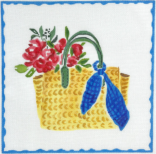 Kate Dickerson Needlepoint Collections Lindsay Brackeen Straw Bag with Blue Scarf and Flowers Needlepoint Canvas