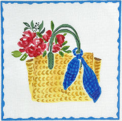 Kate Dickerson Needlepoint Collections Lindsay Brackeen Straw Bag with Blue Scarf and Flowers Needlepoint Canvas