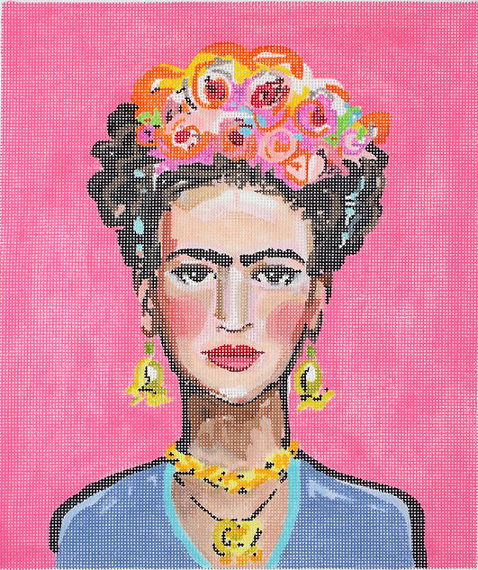 Kate Dickerson Needlepoint Collections Maren Devine Frida Kahlo on Hot Pink Needlepoint Canvas