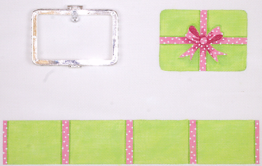 Kate Dickerson Needlepoint Collections Medium Rectangle Gift Box in Lime with Pink Dotted Ribbon Needlepoint Canvas