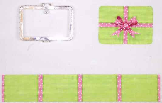 Kate Dickerson Needlepoint Collections Medium Rectangle Gift Box in Lime with Pink Dotted Ribbon Needlepoint Canvas