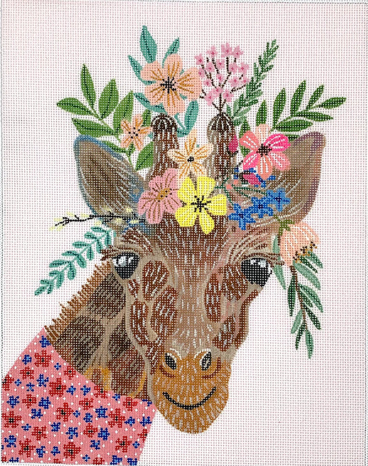 Kate Dickerson Needlepoint Collections Mia Charro Giraffe in Pink Dress with Flowers on Light Pink Needlepoint Canvas