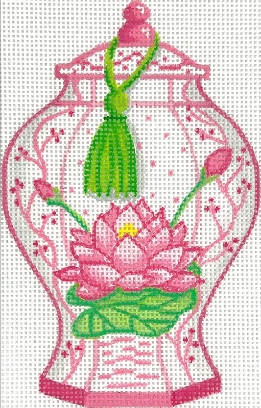 Kate Dickerson Needlepoint Collections Mini Chinese Vase Tall Pink Green & White with Lotus Flower & Green Tassel Needlepoint Canvas